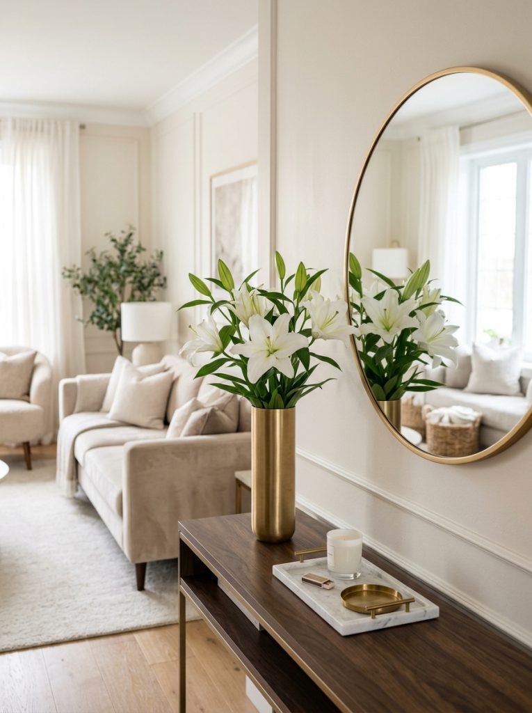 Beautiful elegant living room with white flowers lilies tall gold vase console round gold mirror marble tray and candle