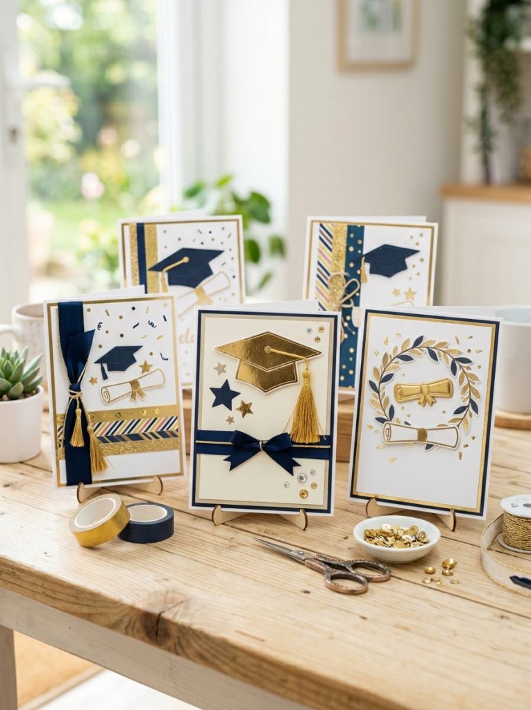 Beautiful embellished graduation cards with gold foil die cuts ribbon washi tape and sparkle elements creating luxurious designs displayed