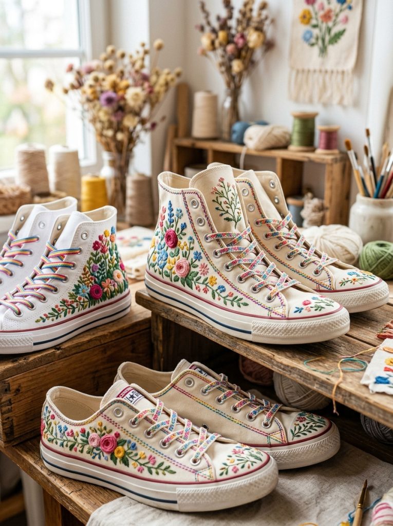 Creative Converse shoe embroidery with floral side panels botanical tongues creative toe box and colorful stitching as personalized sneakers