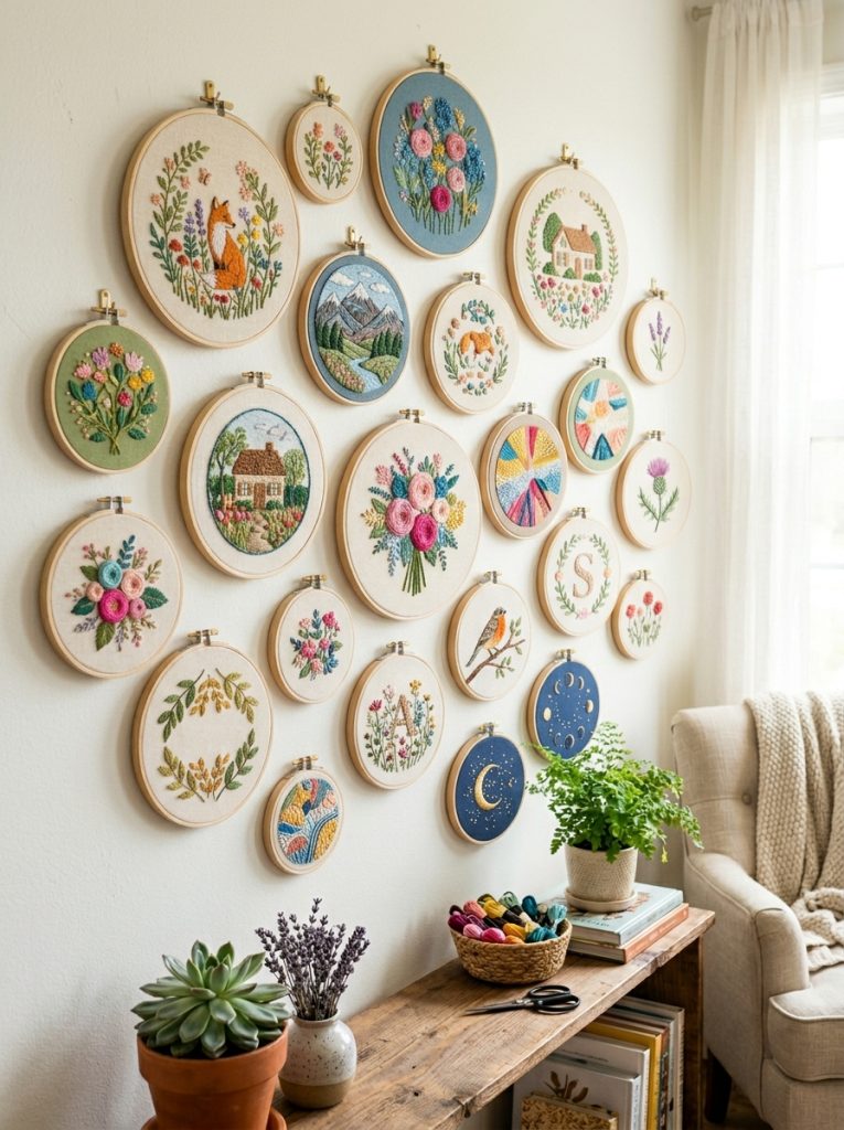 Beautiful wooden embroidery hoops in different sizes displaying completed embroidery designs mounted as gallery wall art display