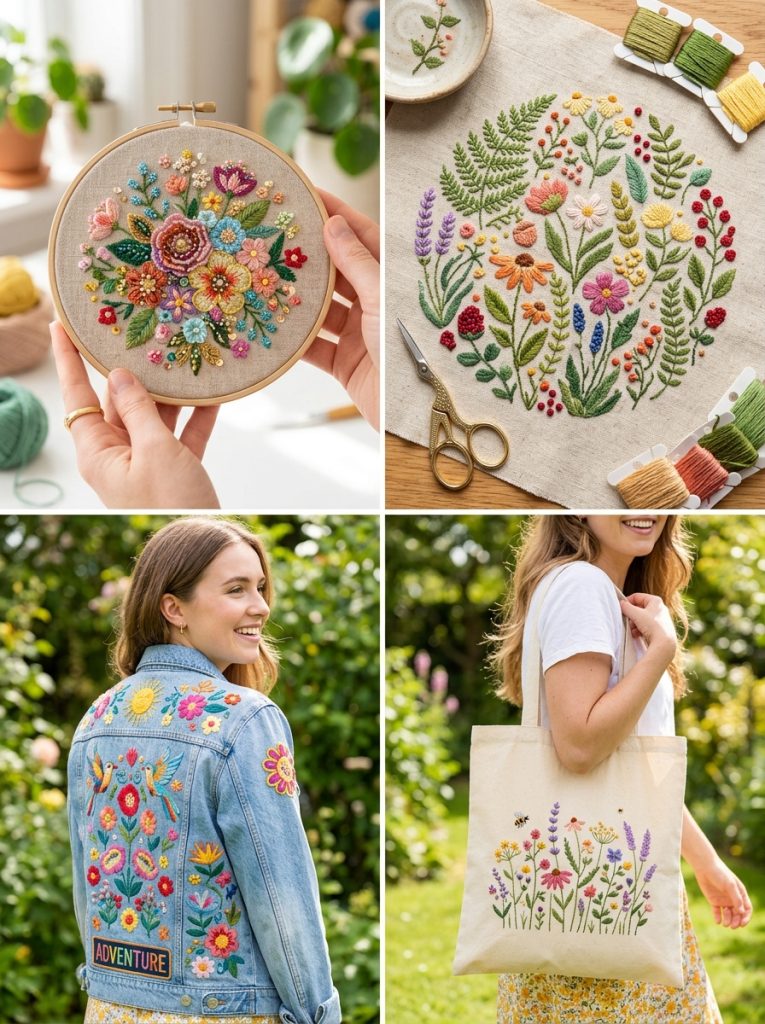 Four embroidery ideas including beaded floral hoop colorful hand embroidered botanical denim jacket colorful patches and tote bag botanical design
