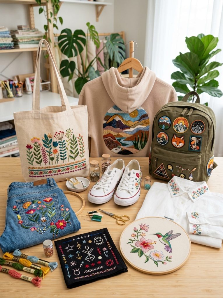 Complete embroidery ideas collection with beaded hand photo denim jeans tote hoodie shirt backpack modern punk napkin and machine styles