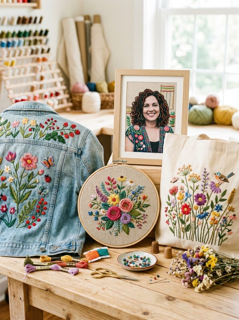 Beautiful embroidery ideas display with beaded floral hoop denim jacket botanical patches photo portrait and embroidered tote bag on craft surface