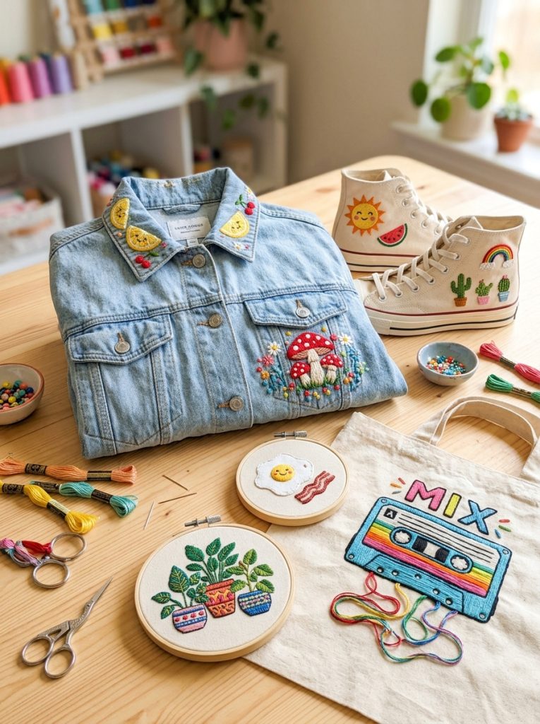 Fun cool unique embroidery with fruit designs mushrooms unexpected objects and playfully creative stitching displayed as unconventional pieces