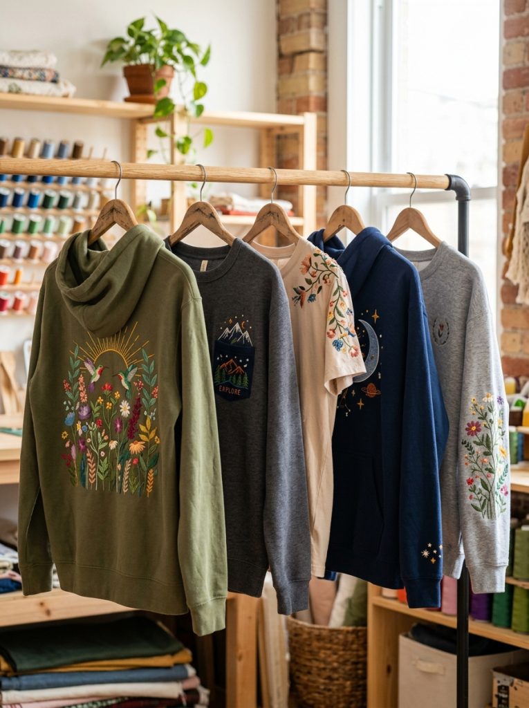 Beautiful shirt hoodie sweatshirt embroidery with chest pocket bold back sleeve and creative placement designs displayed uniquely