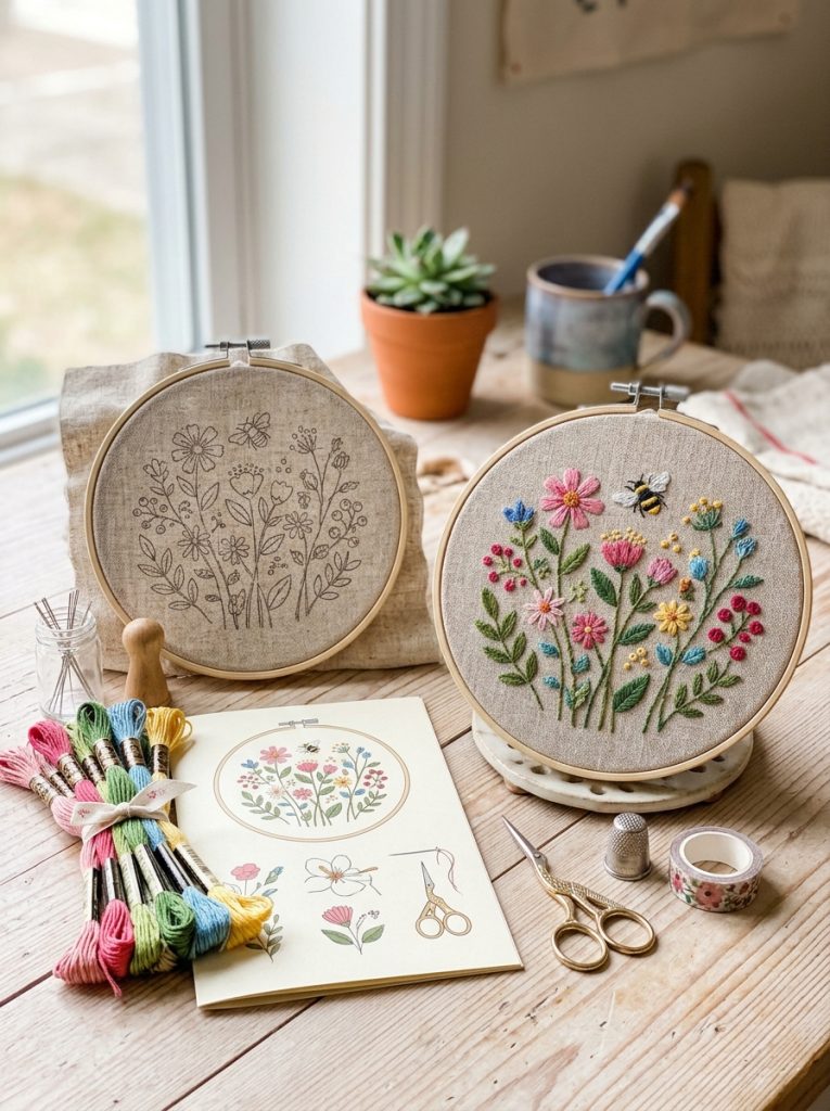 Complete beginner embroidery kit with hoops thread needles fabric pattern instructions alongside completed sample project on craft surface