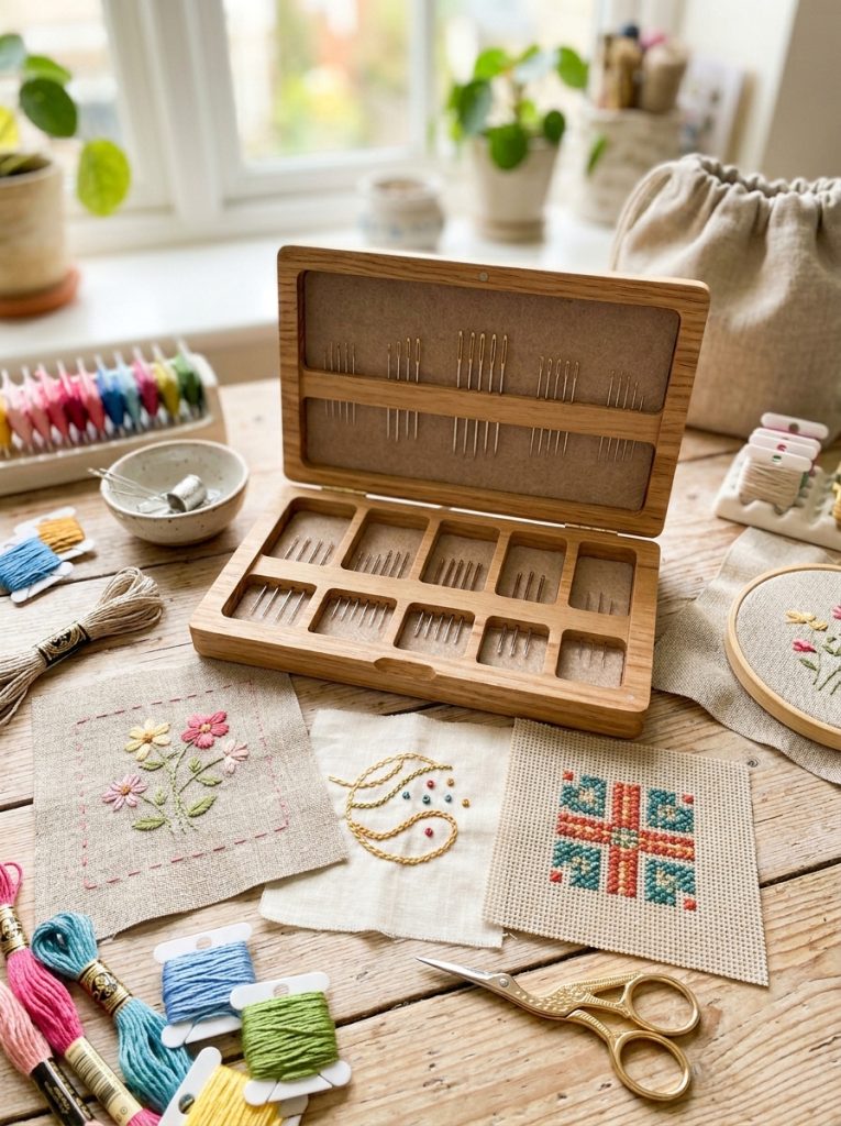 Quality embroidery needle set with assorted sizes alongside thread and fabric samples showing needle types for different techniques