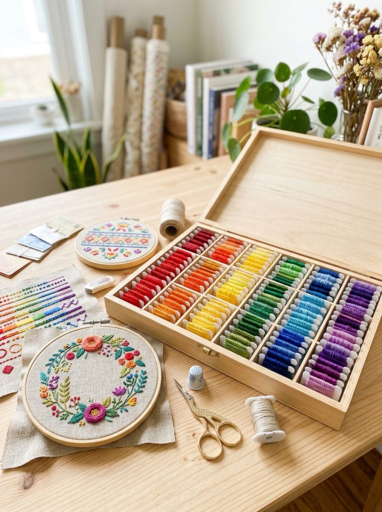 Beautiful embroidery thread floss set with organized rainbow colors displayed alongside completed colorful embroidery samples on craft surface