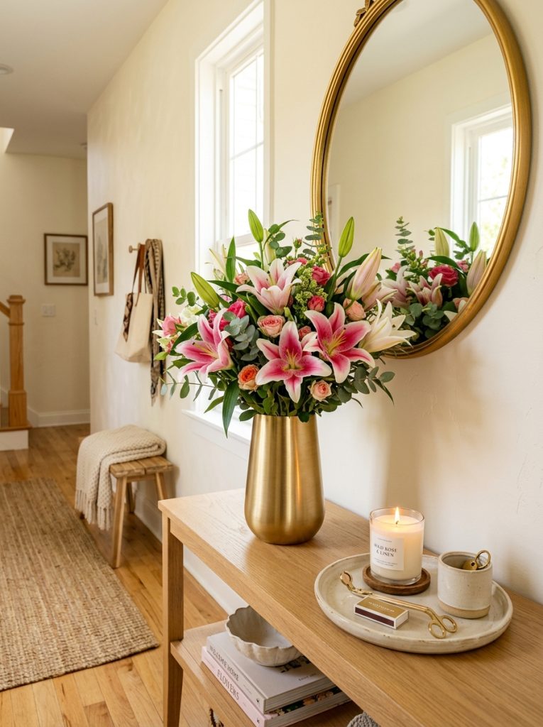 Beautiful entryway console with rose lilies flower bouquet tall gold vase round gold mirror and cream tray candle