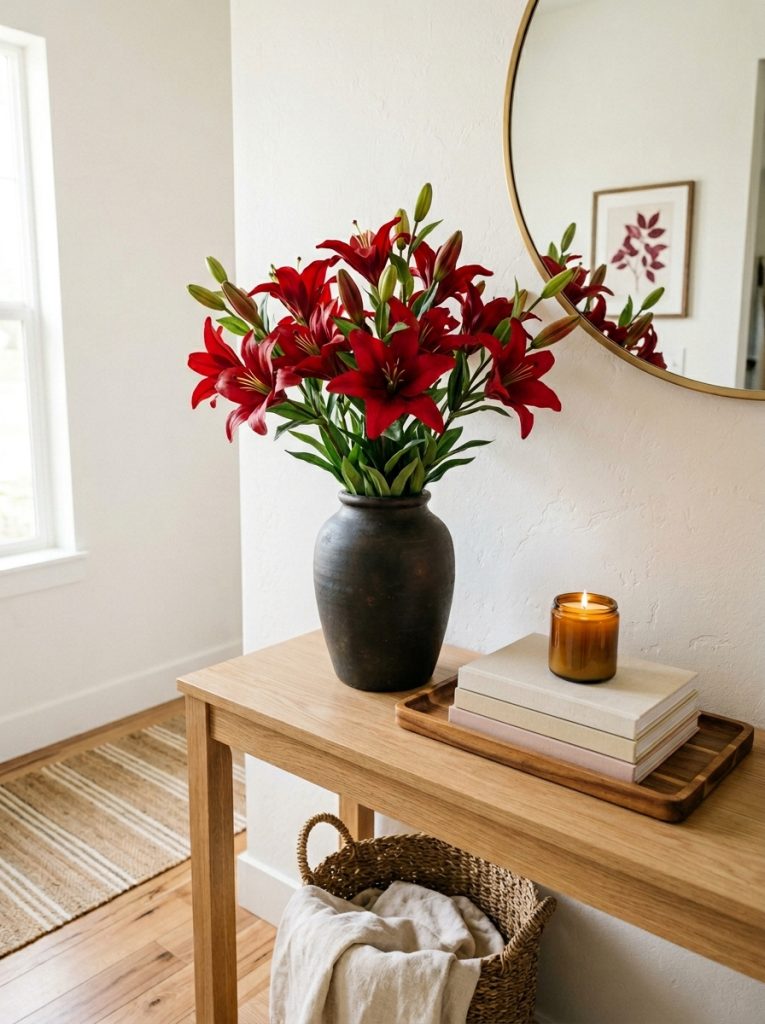Beautiful entryway console with tall red lily bouquet dark vase candle tray and minimal book stack.