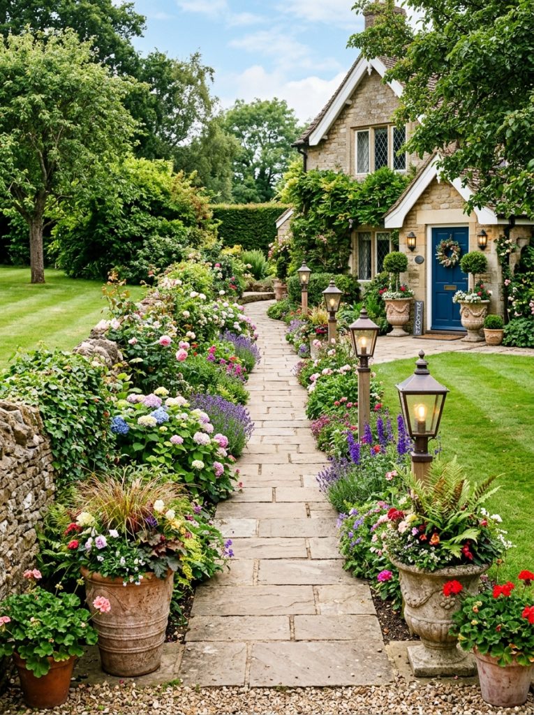 Beautiful long outdoor entryway decor with border plantings lanterns at path intervals statement planters and decorative elements on approach