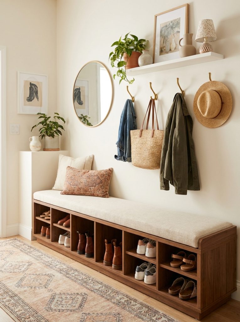 Beautiful entryway shoe storage bench with compartments underneath neatly organized shoes in decorated entryway with hooks and home decor