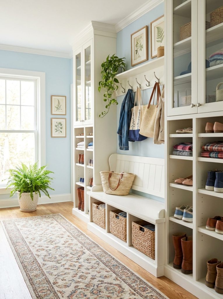  Beautiful complete entryway shoe storage system with bench cabinet hooks and decorative elements as comprehensive coordinated solution 