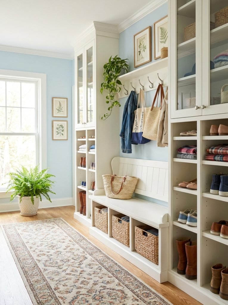 Beautiful complete entryway shoe storage system with bench cabinet hooks and decorative elements as comprehensive coordinated solution