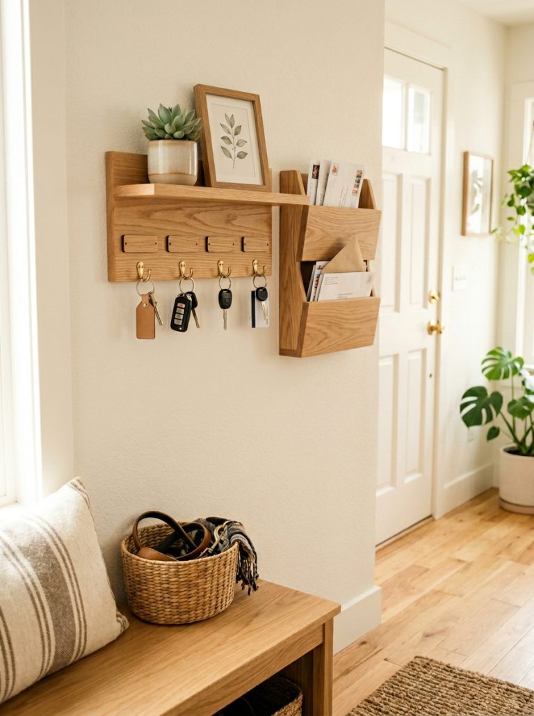 Neatly organized entryway wall with wooden key holder labeled hooks and small mail organizer in bright minimal entryway