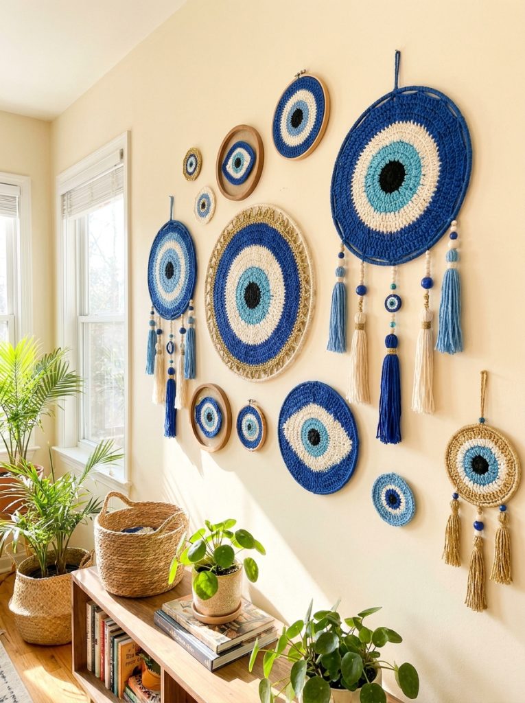 Beautiful evil eye crochet wall decor with blue white gold color combinations single large and collection arrangements in styled home interiors