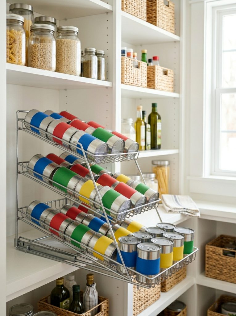FIFO canned food dispenser rack on pantry shelf with cans rolling forward automatically