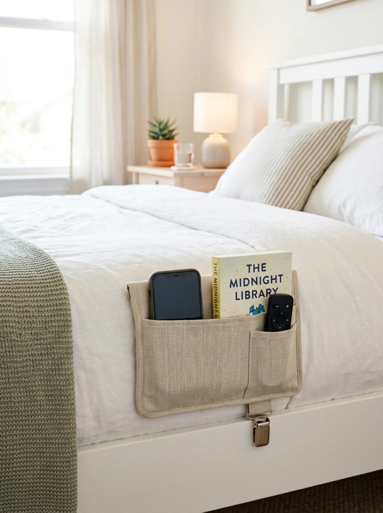 Fabric bedside caddy clipped to mattress holding phone book and remote neatly