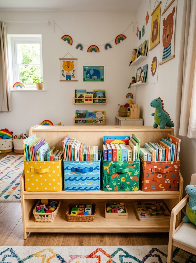  Colorful fabric book storage bins on low shelf in bright kids room holding picture books at child-reachable height