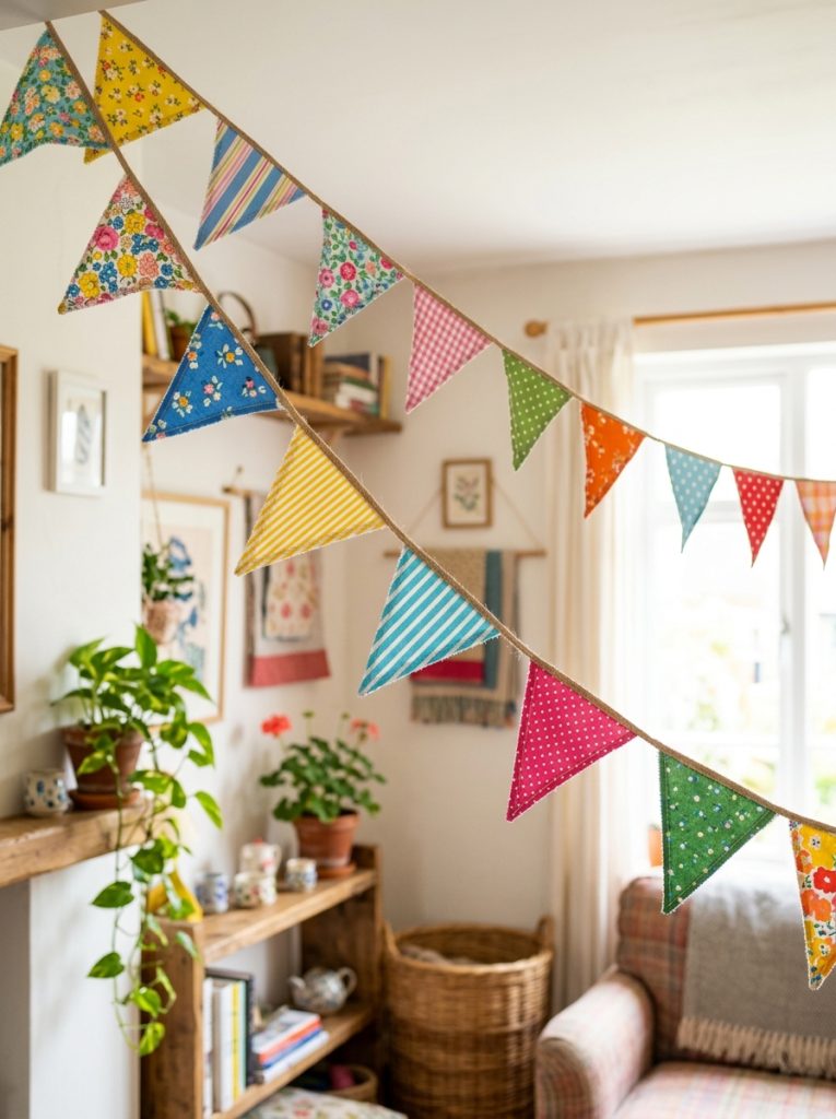 Beautiful leftover fabric bunting DIY crafts with colorful fabric triangle flags in multiple patterns assembled into festive hanging display