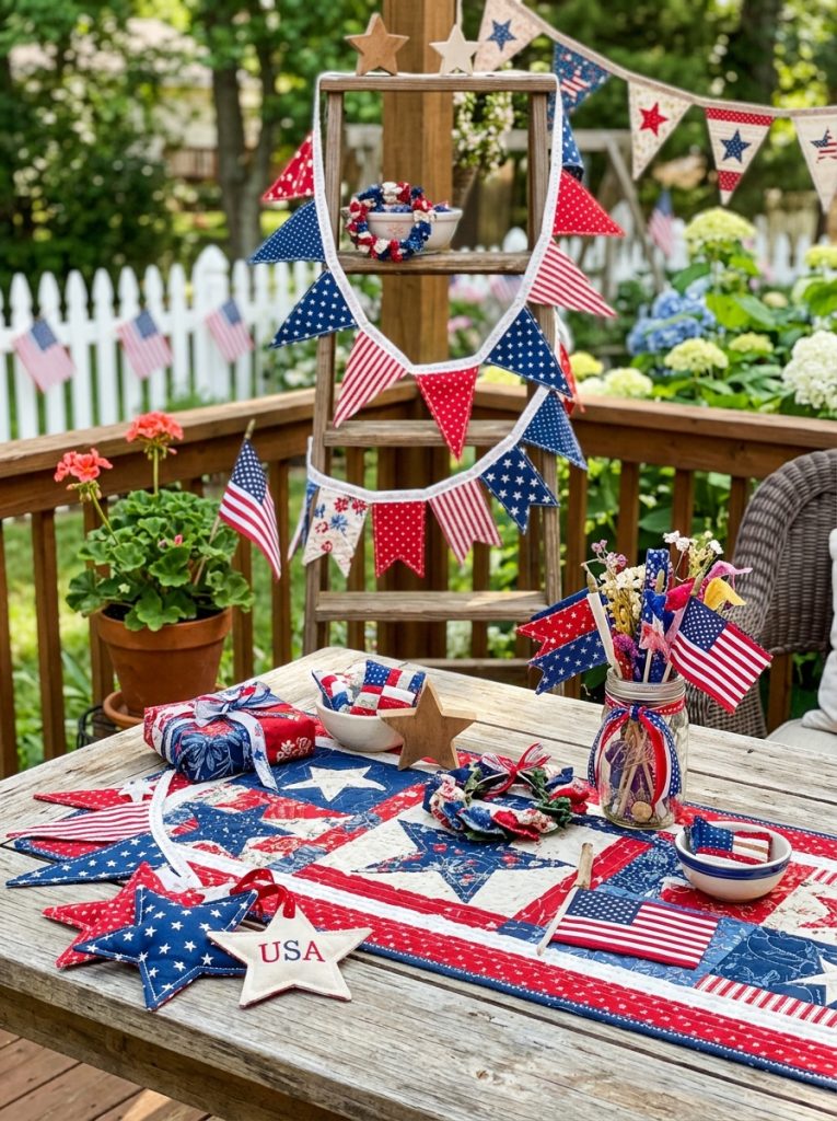 Beautiful 4th of July fabric crafts with red white and blue fabric as patriotic bunting table runners and Independence Day decorations