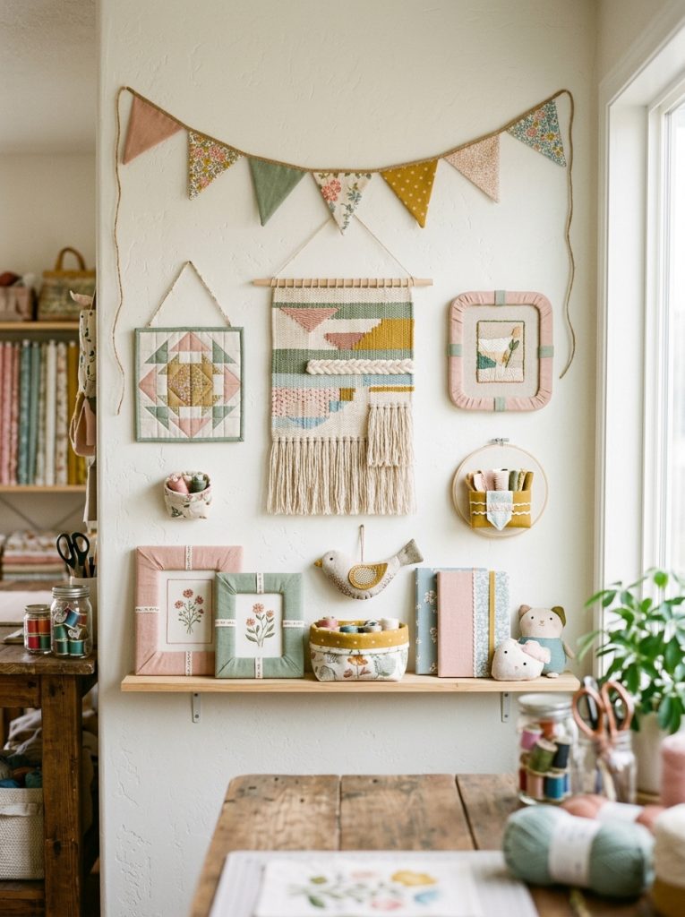 Beautiful aesthetic fabric craft room decor with wall hangings wrapped frames bunting and soft fabric decorative items in coordinating tones