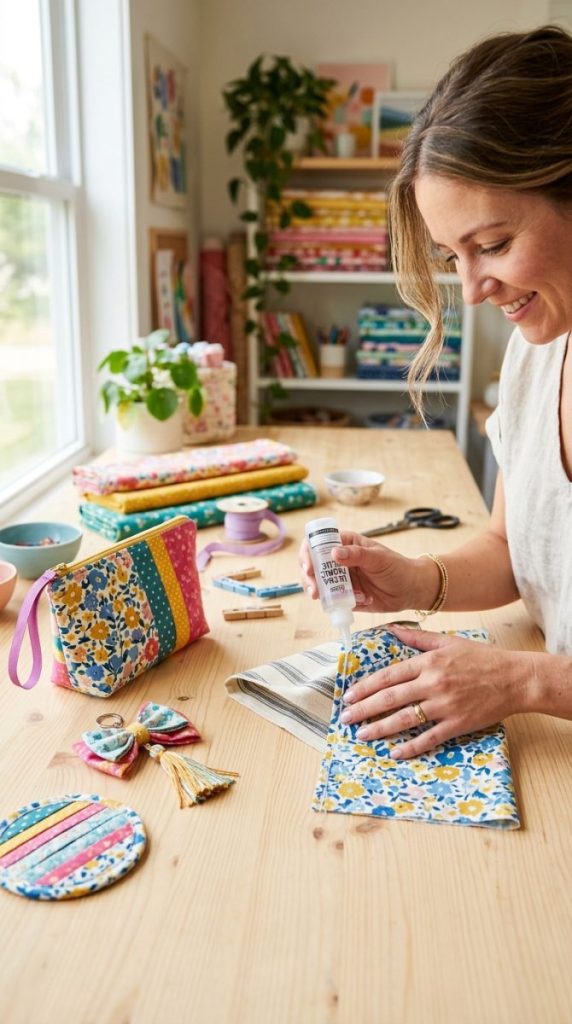 Beautiful no sew fabric crafts being assembled with fabric craft glue creating pouches bags and decorative items without any stitching 