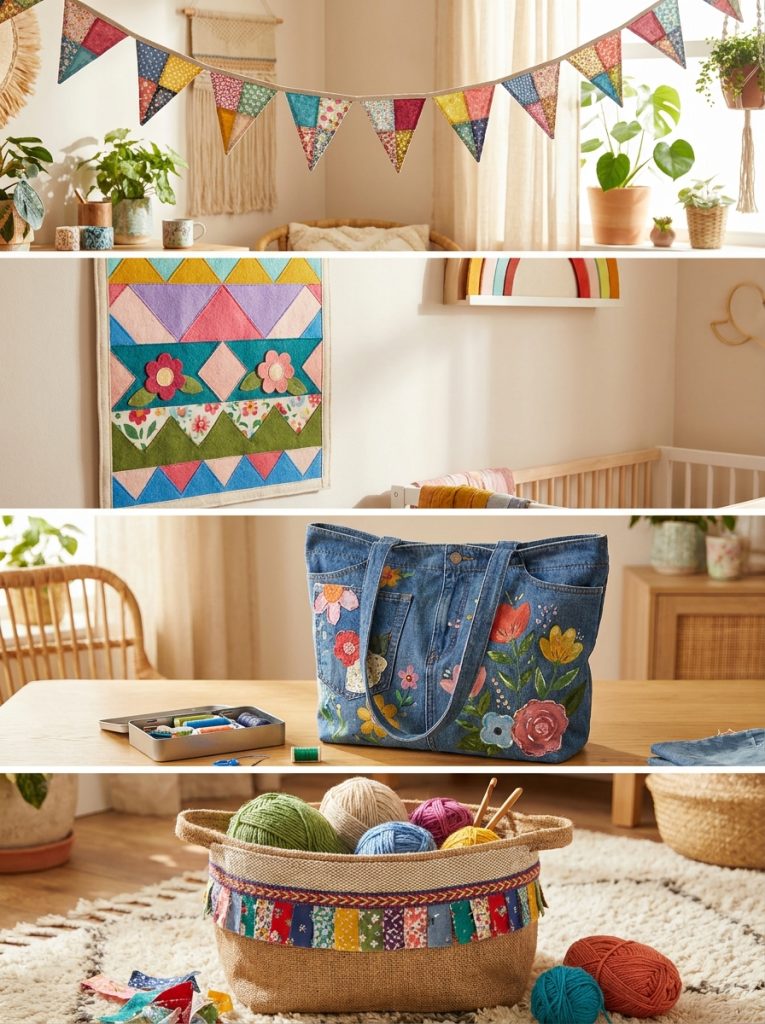 Four fabric crafts including colorful scrap fabric bunting no sew felt wall hanging upcycled denim tote and rustic jute basket