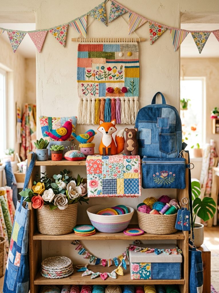 Complete fabric crafts collection with patchwork felt no sew denim jute upcycled fabric flowers bunting and wall hangings displayed