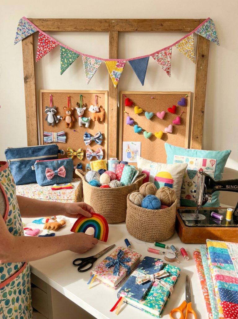 : Beautiful fabric crafts display with scrap fabric bunting felt decorations denim accessories jute baskets and no sew projects on craft table