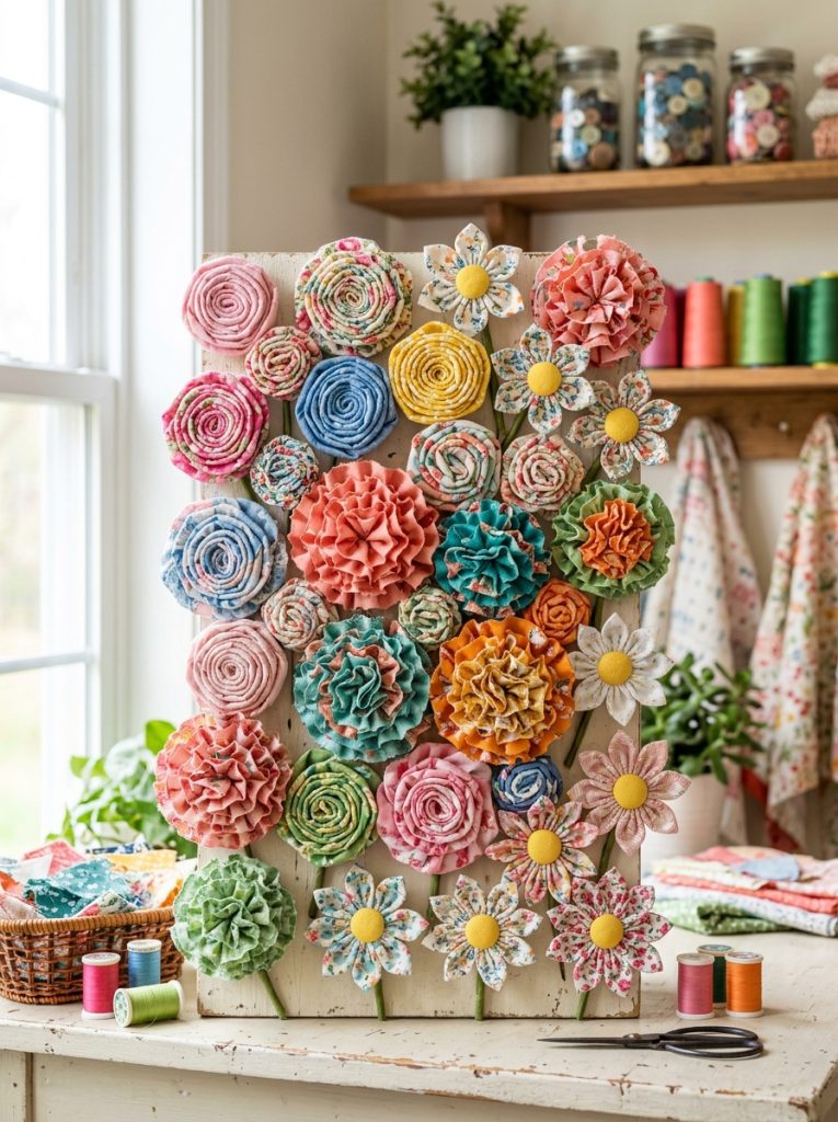 Beautiful scrap fabric flower crafts with twisted folded fabric scraps as rosettes ruffled blooms and daisies in colorful collection 