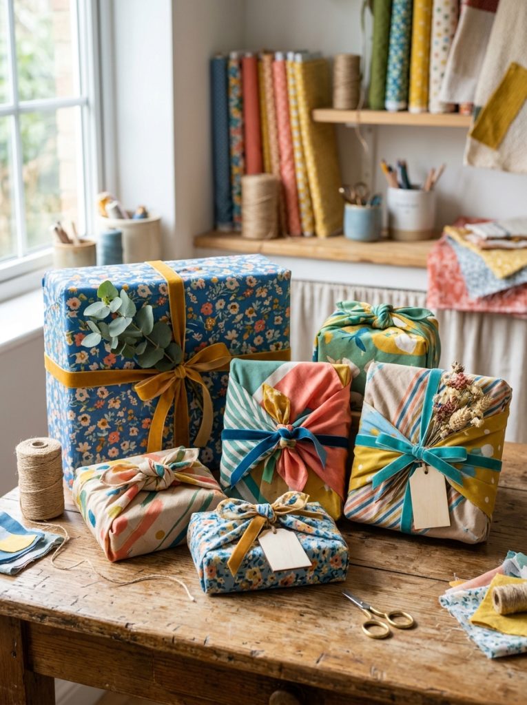  Beautiful easy fabric gift wrap DIY crafts with gifts wrapped in colorful fabric using furoshiki knotting as gorgeous reusable wrap 