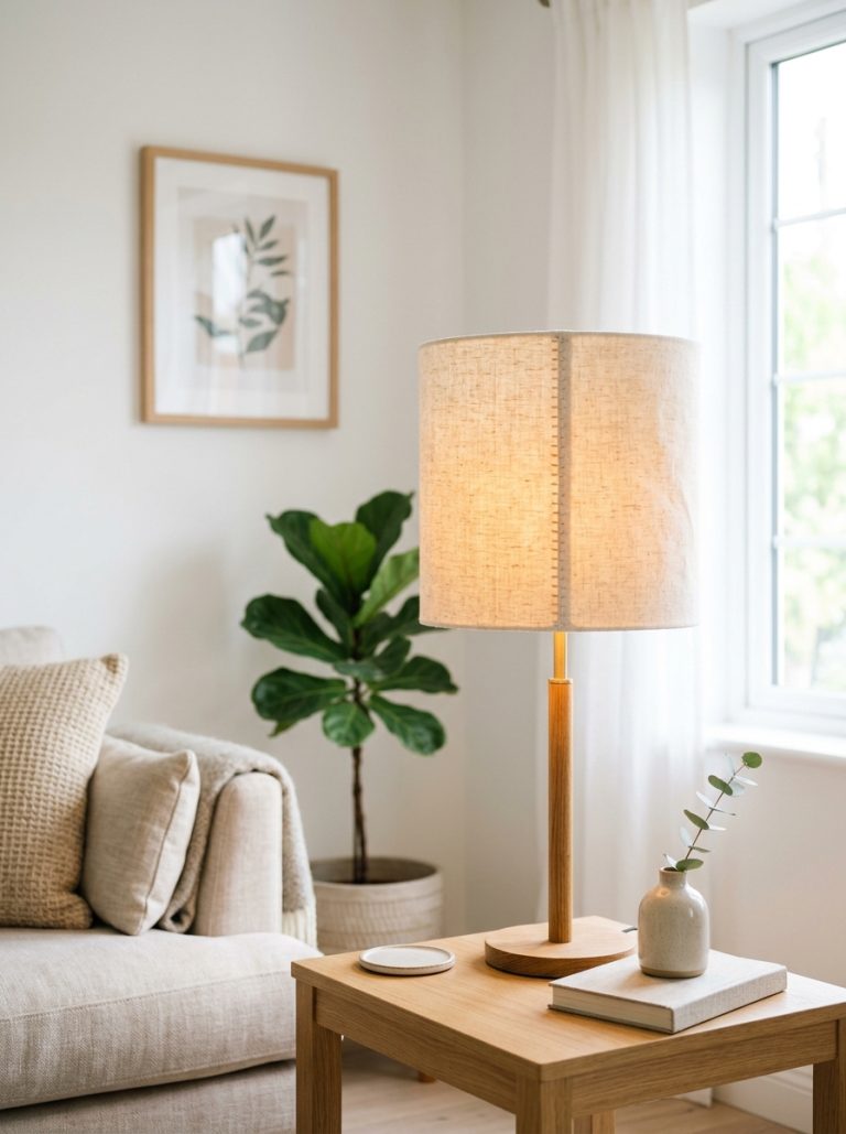 DIY fabric lamp shade in soft cream linen on table lamp in bright minimal living room warm glow