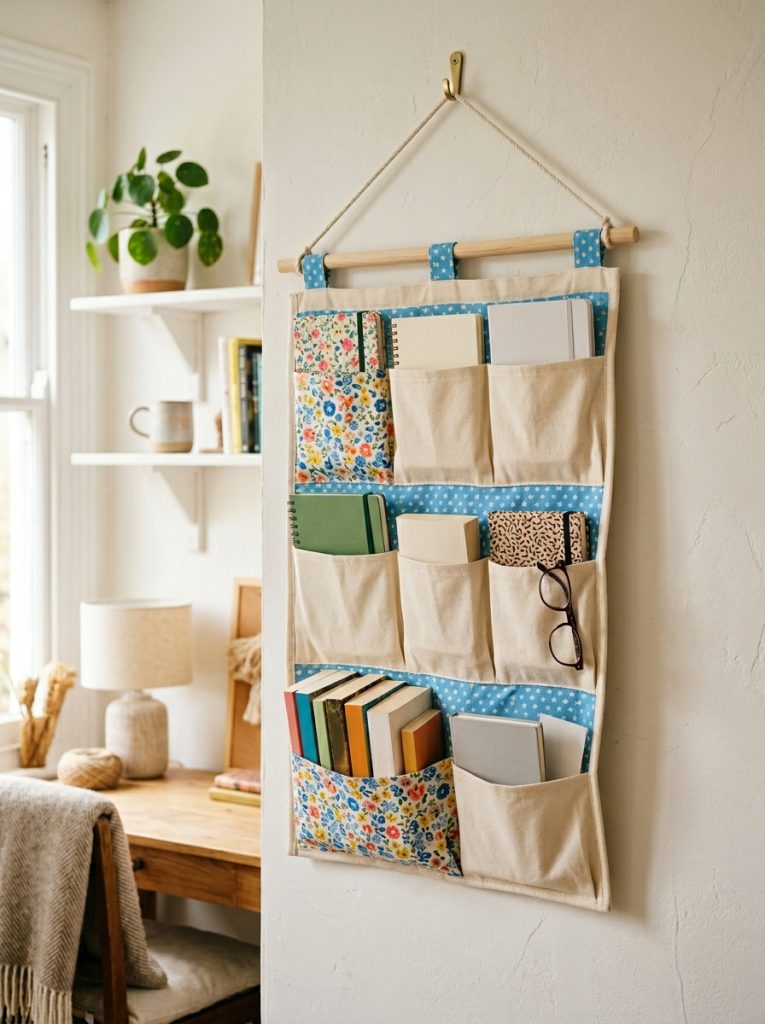 Fabric pocket book organizer hanging on wall holding small books notebooks and reading materials in multiple pockets