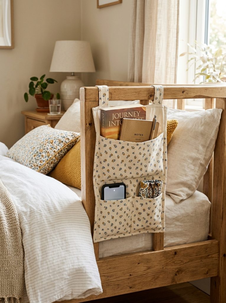 DIY fabric pocket organizer hanging from bed frame holding phone book and notebook