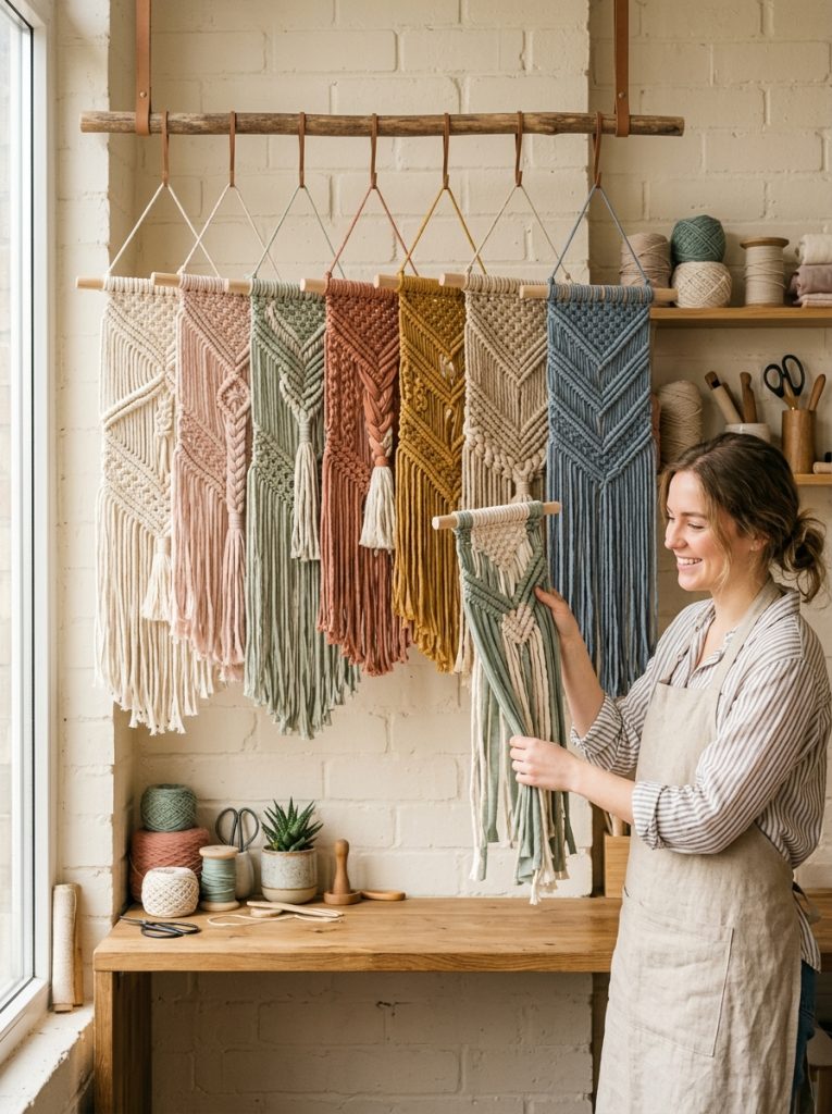 Beautiful DIY fabric wall hanging crafts with fabric strips and yarn knotted into macrame-style hangings in natural and pastel tones