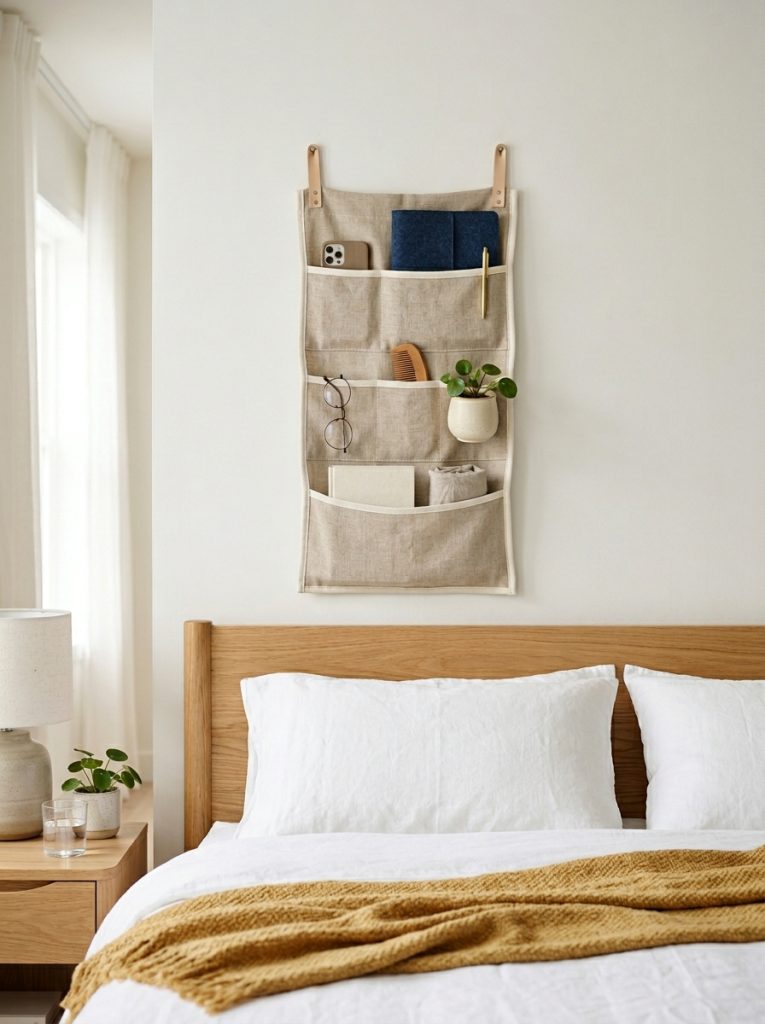 Fabric wall pocket organizer above bed headboard holding phone notebook and pen neatly