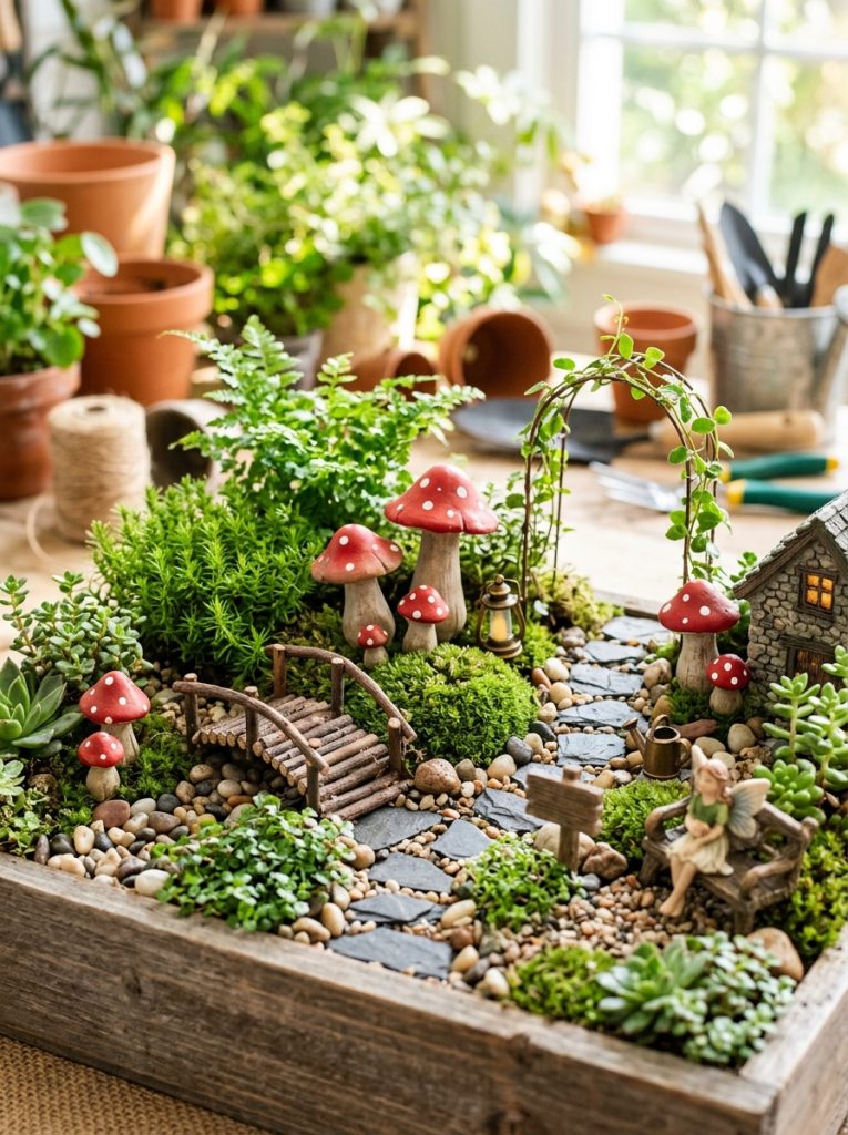 Adorable small fairy garden cement mushrooms DIY arranged in magical miniature scene with plants pebbles and fairy accessories