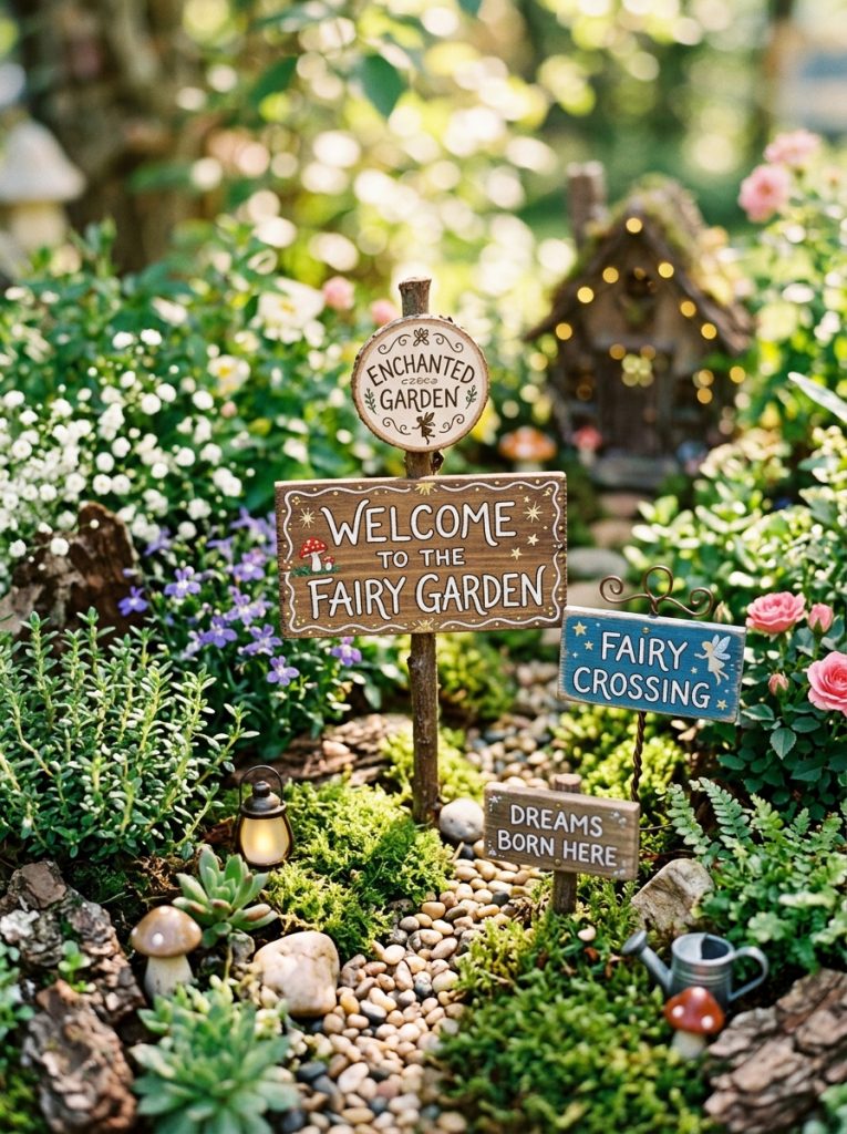 Adorable fairy garden signs DIY with tiny welcome enchanted and fairy crossing messages in miniature scale among magical miniature garden 