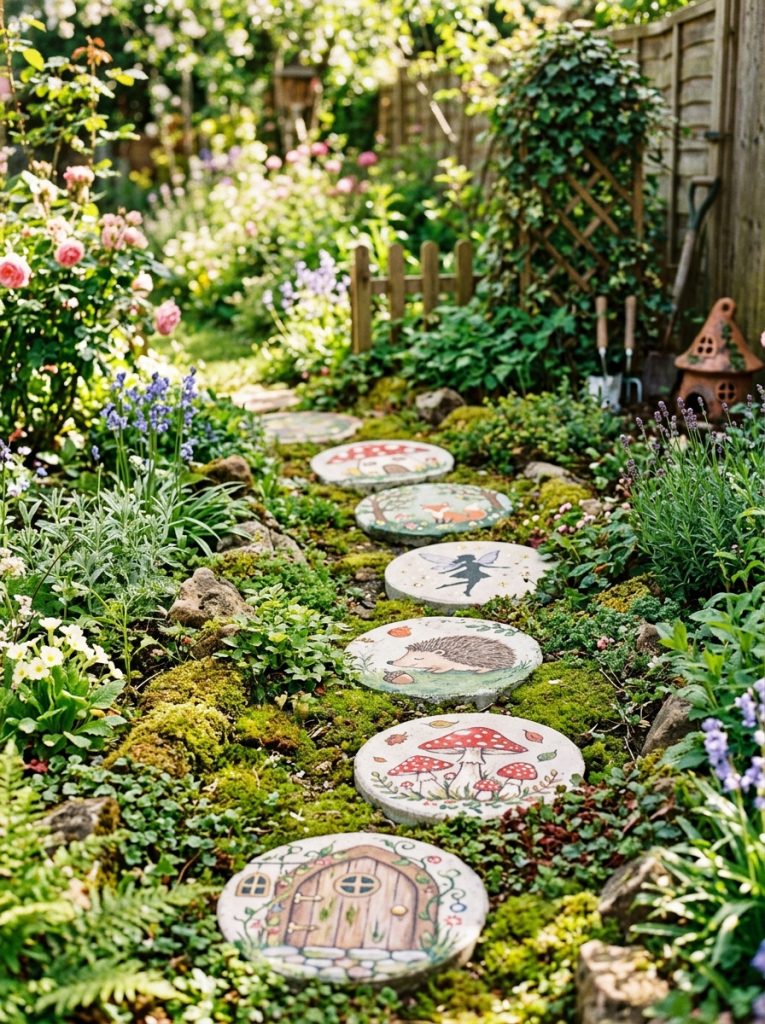 Adorable fairy garden stepping stones DIY with miniature mushroom paintings fairy doors toadstool patterns and woodland creature elements