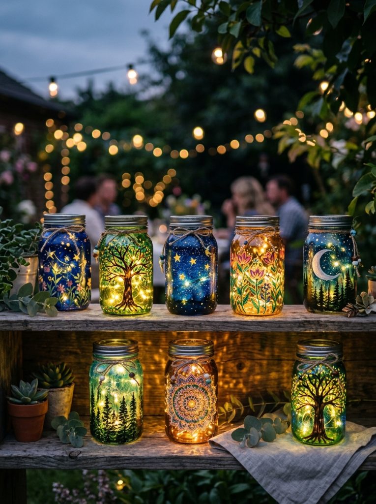 Beautiful fairy lights mason jar painting ideas as glowing lanterns with painted designs casting light patterns through colored glass