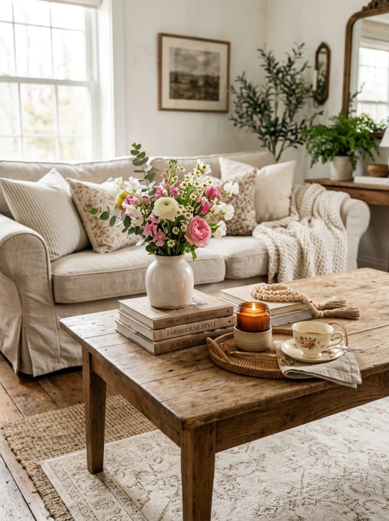  Beautifully styled french farmhouse coffee table with rustic wood books ceramic vase fresh flowers candle and small tray 