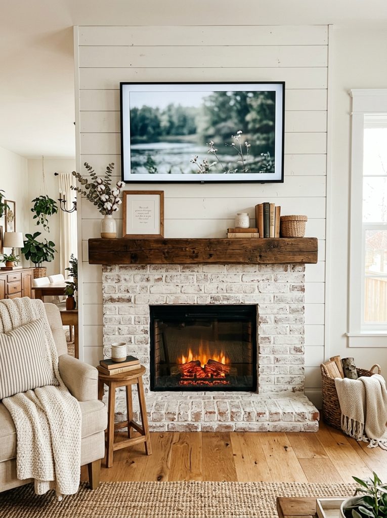 DIY farmhouse fireplace TV wall with white shiplap rustic wood beam mantel brick surround and mounted TV in farmhouse living room