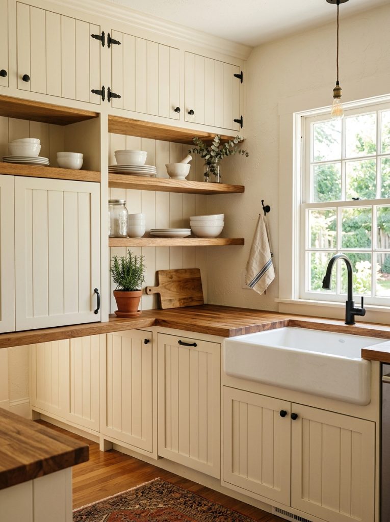 Beautiful farmhouse DIY kitchen cabinets with white cream open shelving shiplap black iron hardware warm wood accents in farmhouse kitchen 
