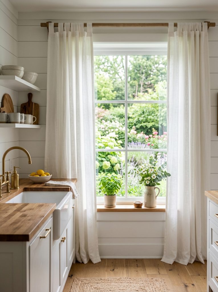 Beautiful modern farmhouse kitchen window curtains with clean-lined white linen natural cotton tab top rod pocket in modern farmhouse kitchen