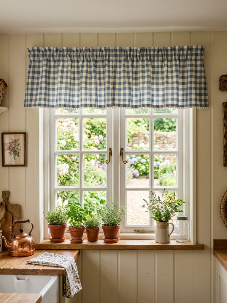 Beautiful farmhouse kitchen curtain valance with gathered tailored white cream or gingham above windows in authentic farmhouse kitchen