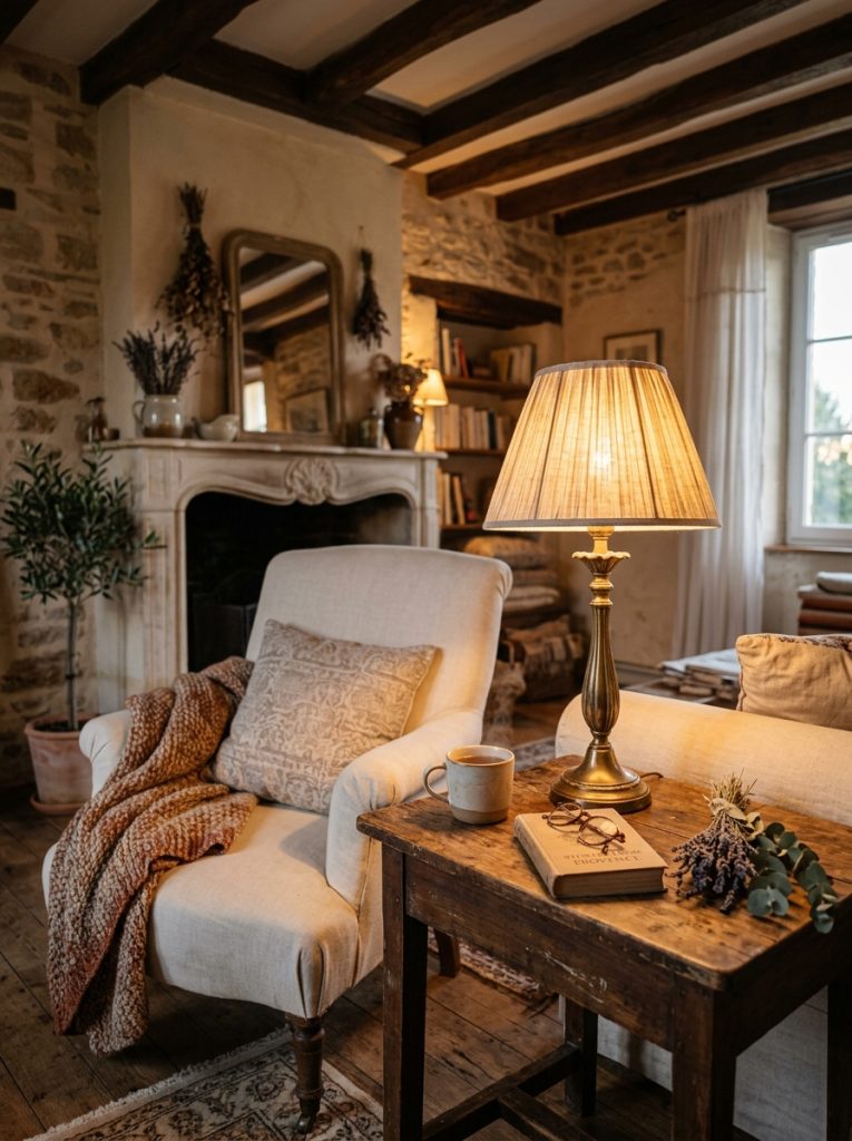 Beautiful vintage farmhouse lamp on rustic side table casting warm golden light beside comfortable armchair in cozy living room