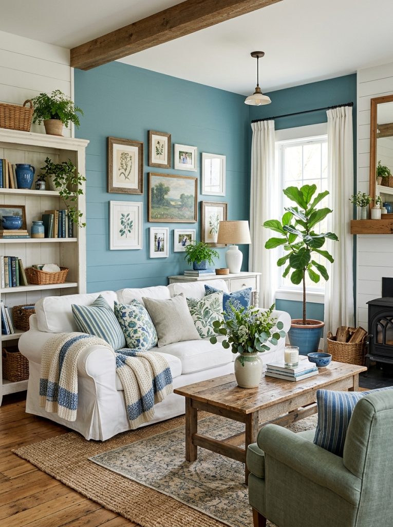 Beautiful farmhouse blue and green living room with shiplap wall white furniture blue green accents and natural wood elements