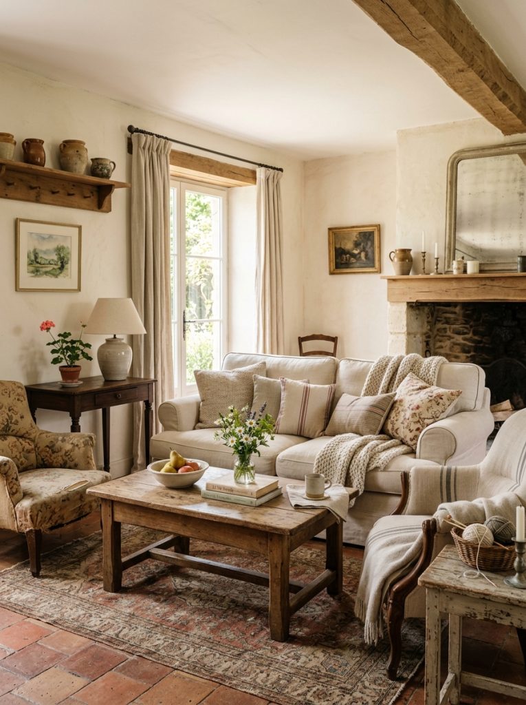 Beautiful french farmhouse living room furniture with cream linen sofa rustic coffee table vintage armchairs and farmhouse side tables 