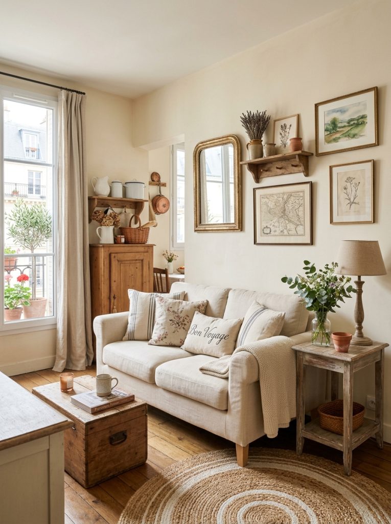 Beautiful french farmhouse living room in apartment with compact cream sofa farmhouse accessories wall art and rug in small space